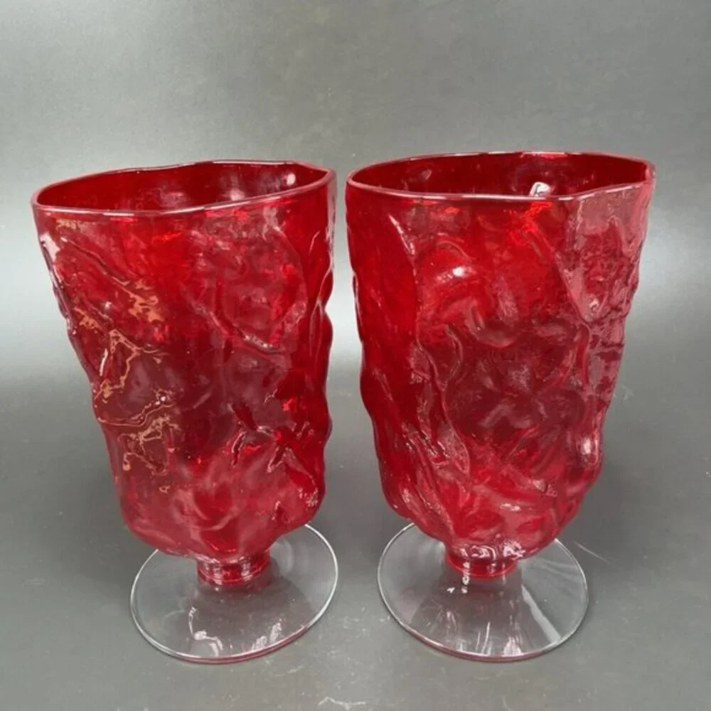 Morgantown Red Seneca Driftwood Water Goblets Footed Cups Glasses Set 2 Cups VTG